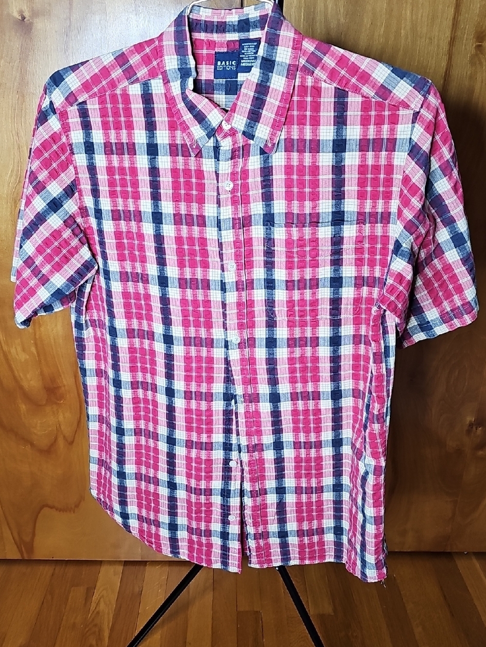 Vintage Basic Editions Men’s Red and Blue Plaid Short-Sleeve Button-Down Shirt